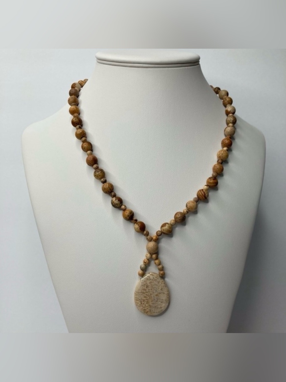 Hand Crafted Picture Jasper Beaded Necklace & Fossil Coral Pendant 25" 8mm NWT - Picture 2 of 5